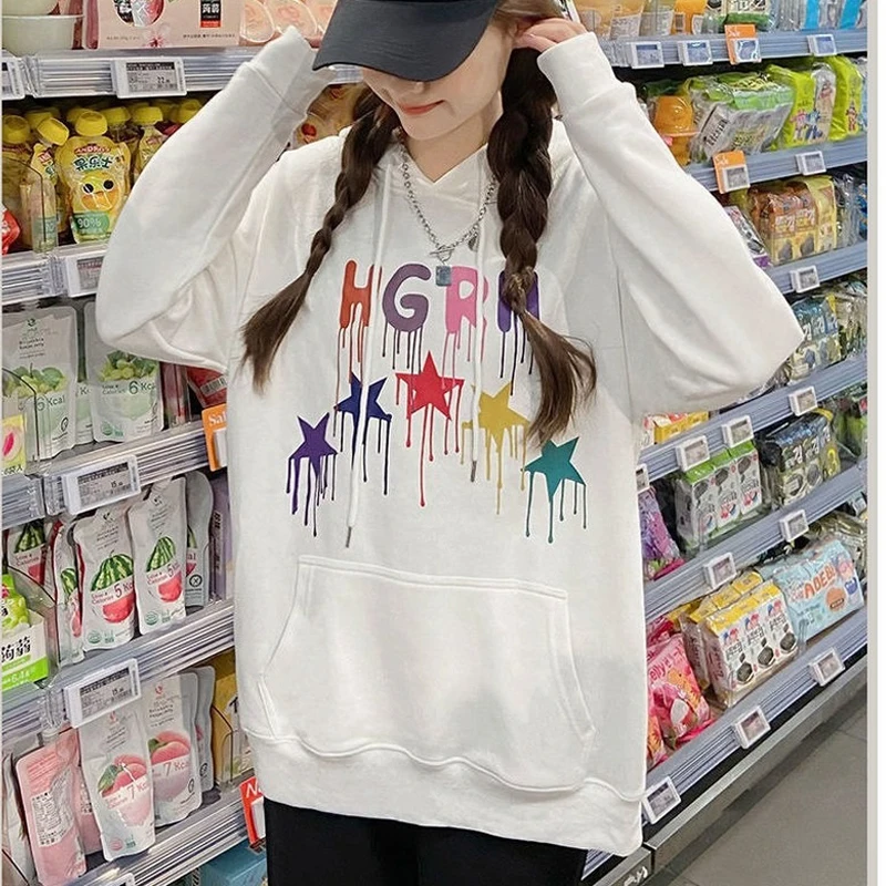 QWEEK Hooded Sweatshirts Kawaii Harajuku Pullover Oversized White Black Hoodie BF Preppy Style Couple Long Sleeve Outerwear Thin