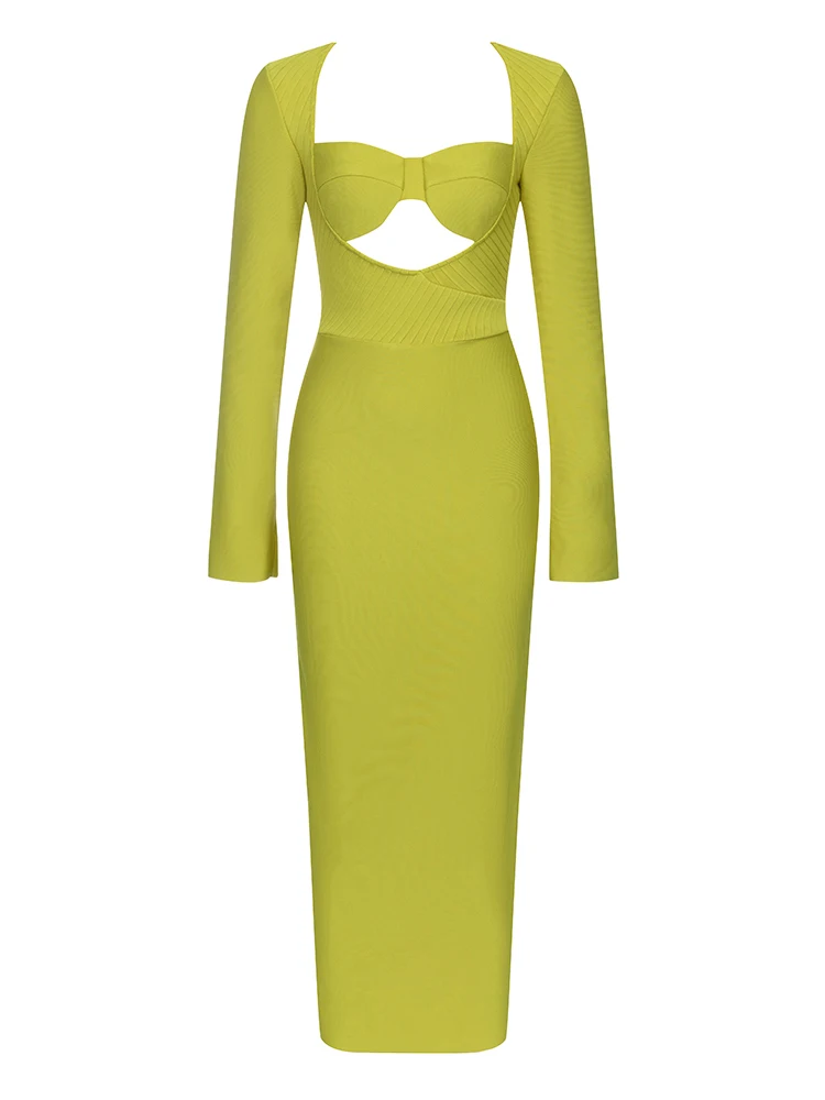 

Sexy Long Sleeve Hollow Out Bandage Dress Women Green V Neck Rayon Bodycon Long Dress Elegant Evening Party Runway Dresses