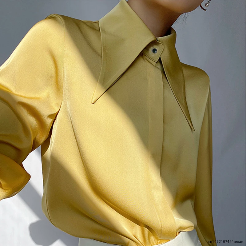 

Spring Autumn Vintage Satin Silk Women Shirt Elegant Turn Down Collar Woman Blouse White Long Sleeve Ladies Shirts Tops Blusas