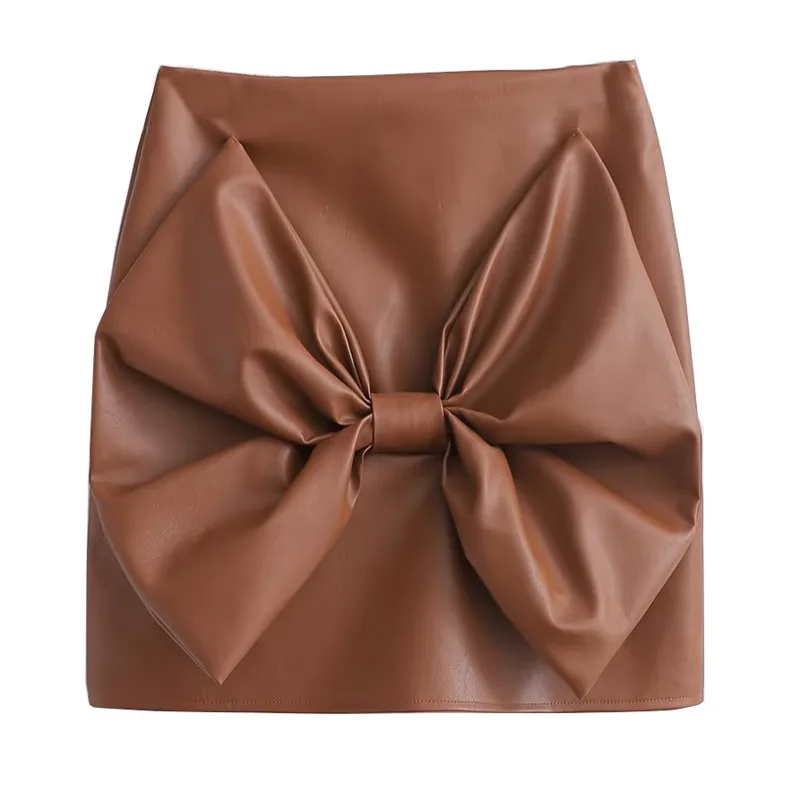 

2022 Spring Autumn New Fashion Trend High Waist Solid Color Bow Temperament A-line PU Leather Skirts Women