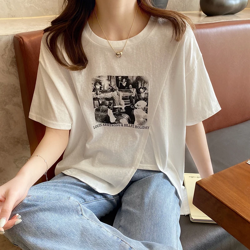 

Split T-shirt women's summer short sleeve 2022 new white irregular printing cotton linen top thin half sleeve T-shirt
