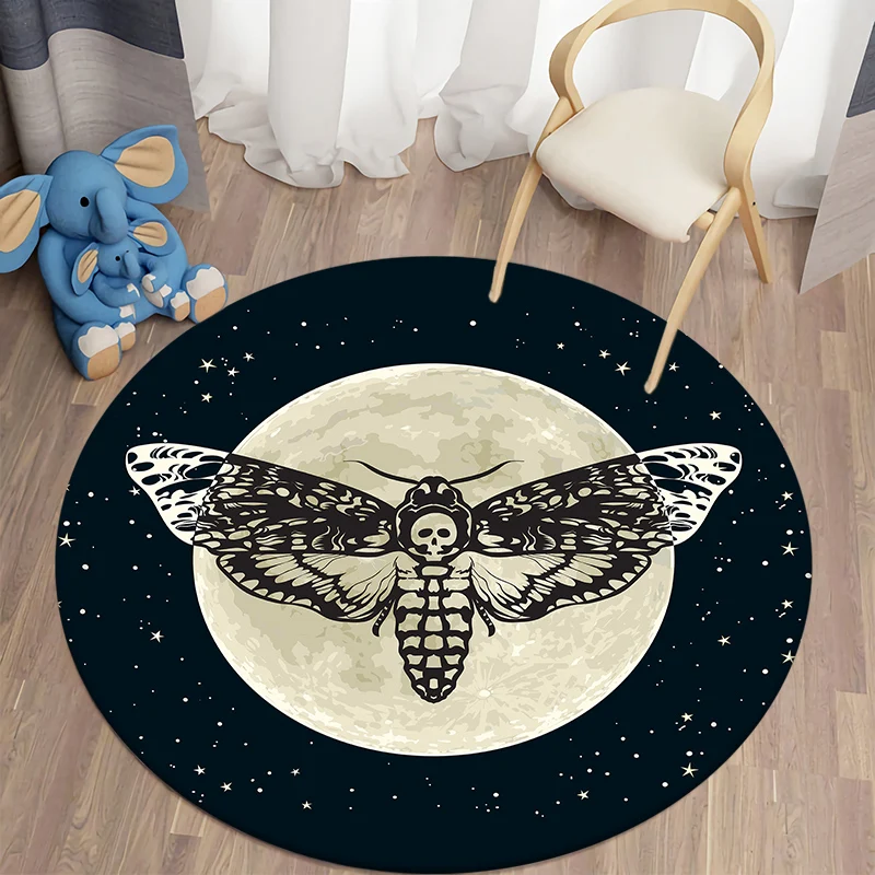 Death Moth Carpets for Living Room Area Rug Gothic Skull Round Carpet Floor Mat Butterfly Moon Star Carpet Polyester Rug Mat