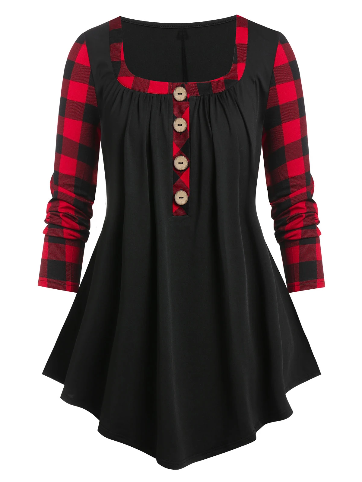 

Plus Size Plaid Henley Swing T-shirt Henley Tee Half Button New Fashion Women's Clothing Casual Long Sleeve Patchwork Tops 2022