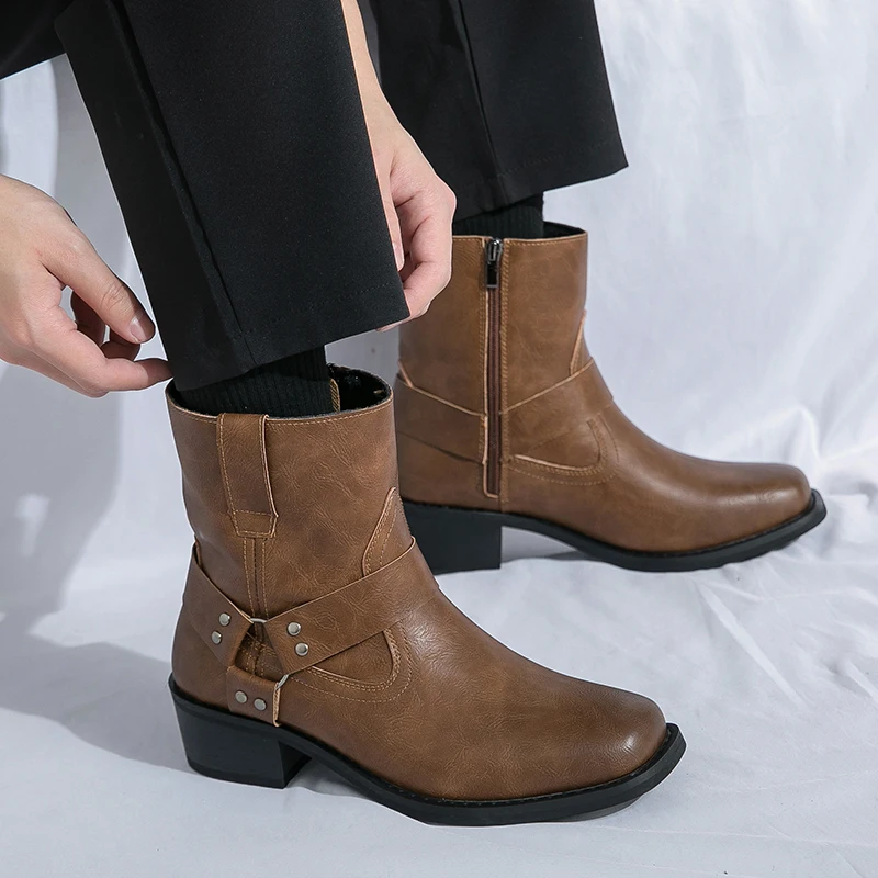 Мужские ботинки из искусственной кожи однотонные на молнии сбоку низком каблуке