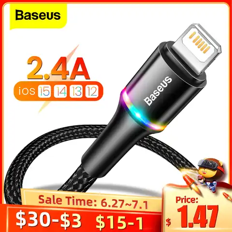 USB-кабель Baseus для iPhone 12 11 13 Pro XS Max Xr X 8 7 6, светодиодное освещение, быстрая зарядка, дата, телефонный кабель для iPad, провод, шнур