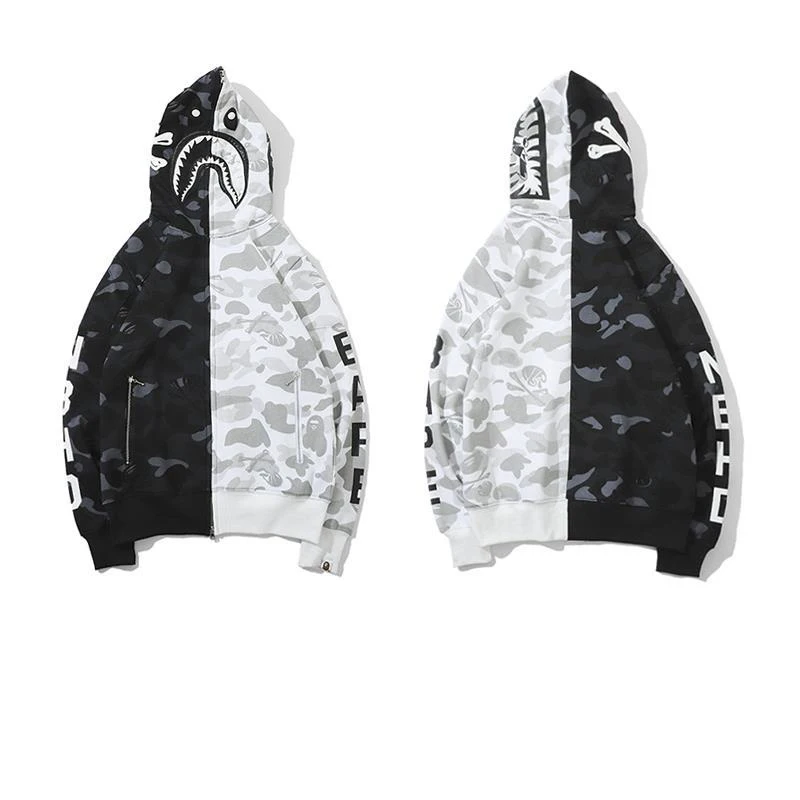 

Высококачественная хлопковая камуфляжная Толстовка Bape с капюшоном в виде акулы на молнии, черно-белая зимняя модная парная толстовка с при...