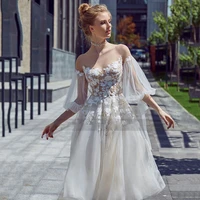 elegant wedding dress o neck tulle appliques buttons puff sleeve knee length a line princesse gown vestido de novia women