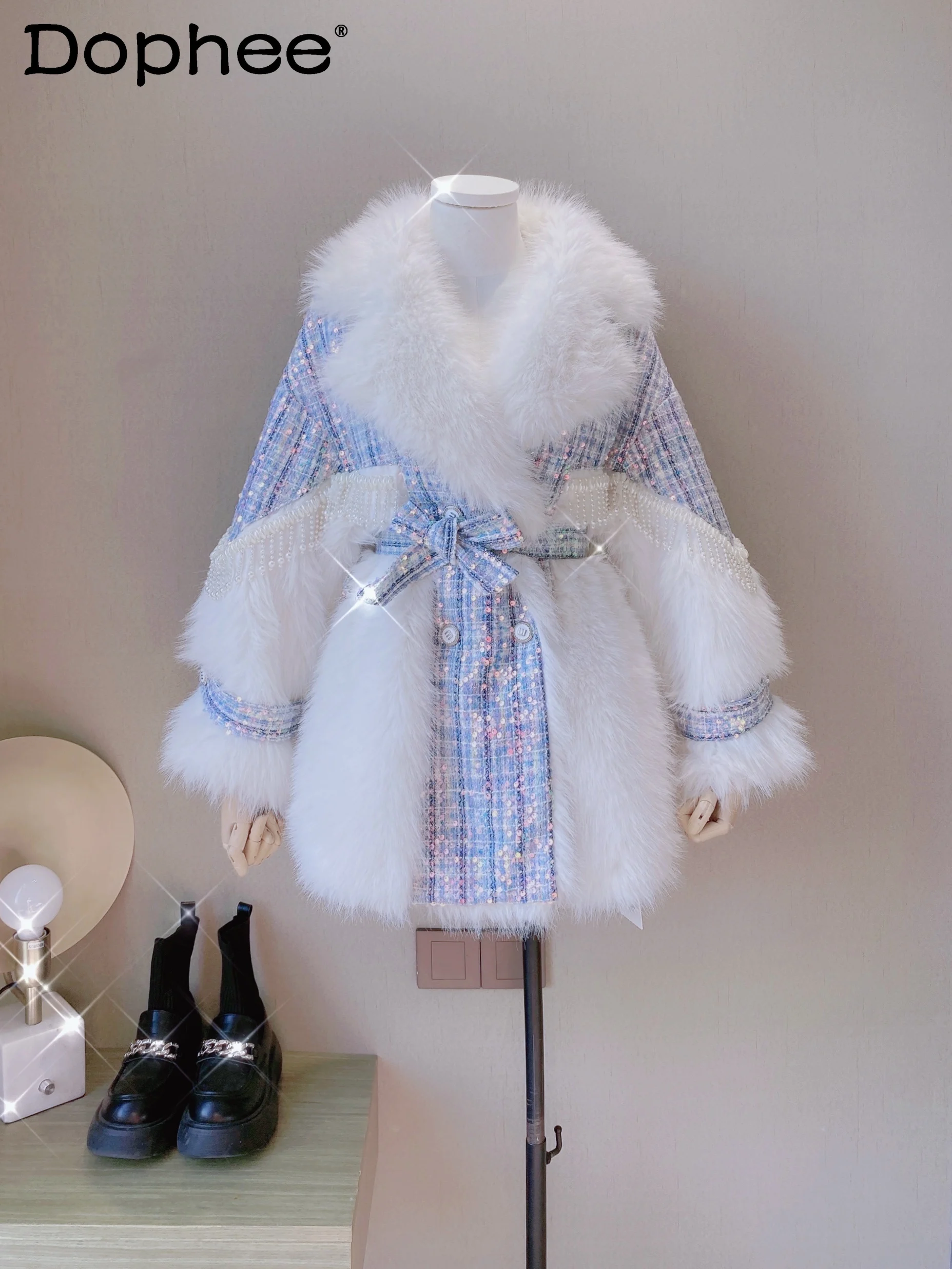 

High Quality Thick Warm Faux Fur Stitching Sequin Bead Tassel Woolen Jacket Mid-Length Leather Fur Coat Women New Winter Clothes