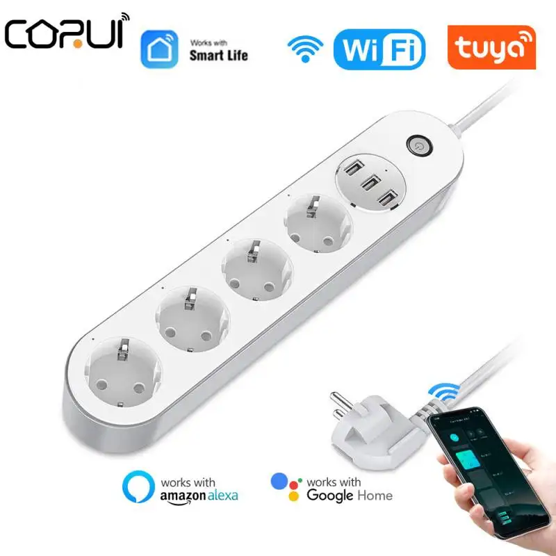 

Умный сетевой фильтр CORUI Tuya с Wi-Fi, 4 евророзетки, 3 порта USB для зарядки, таймер, управление через приложение, работает с Alexa Google Home