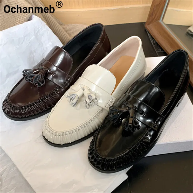 

Ochanmeb женские лоферы из натуральной кожи в стиле ретро дамские плиссированные слипоны на плоской подошве с бахромой и круглым носком на весн...