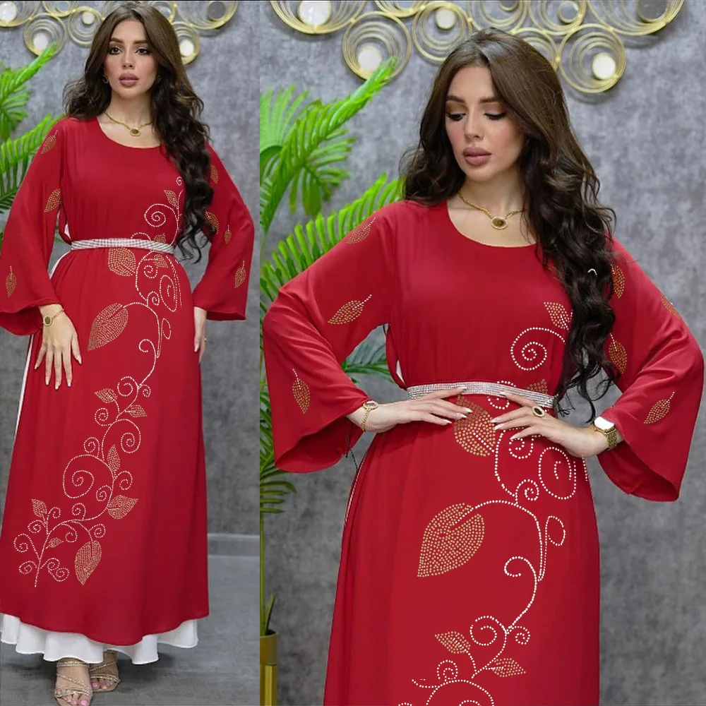 2023 Spring Summer Muslim Women Long Sleeve O-neck Polyester Green Pink Long Dress Abaya Dress Muslim Fashion Dress