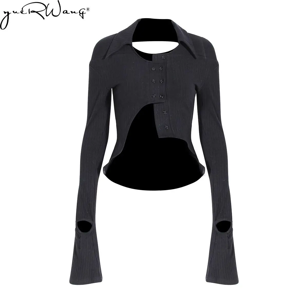 

YUERWANG Women T Shirt Flare Sleeves Hole Knitted Tshirt Asymmetrical Hem Slim T Shirts Irregular Tee Shirt Female Top Tshirts