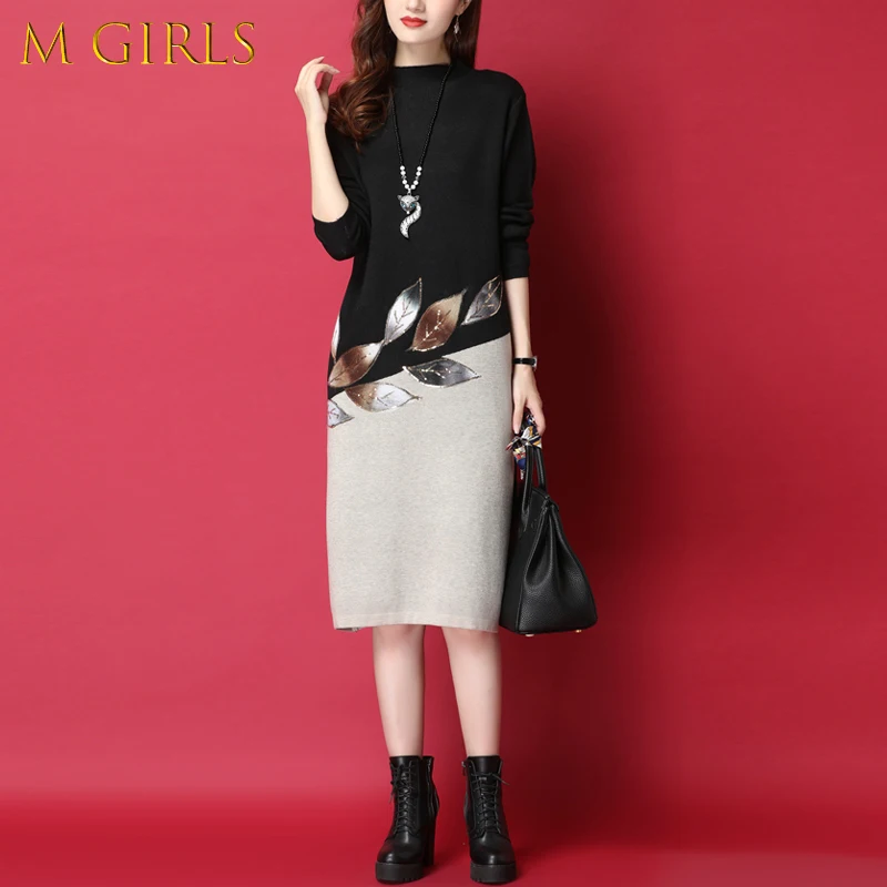 

M GIRLSElegant Loose Women Sweater Dress Autumn Winter Sequins Splicing Half High Neck Casual Vintage Knit Knee Length Dresses