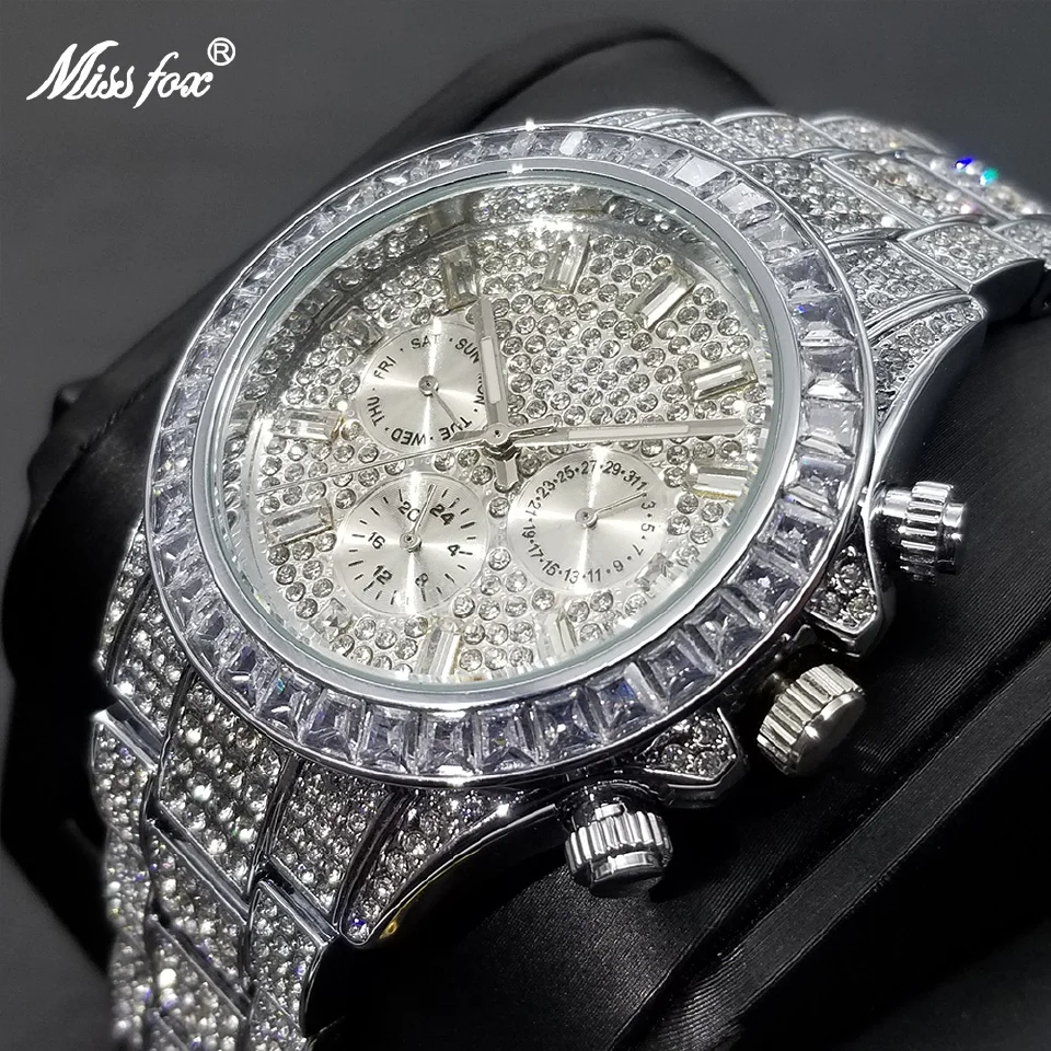 

MISSFOX Full Diamond Men's Watches Top Brand Luxury Ice Out Calendar Quartz Watches Classic Design Week Display Waterproof Clock