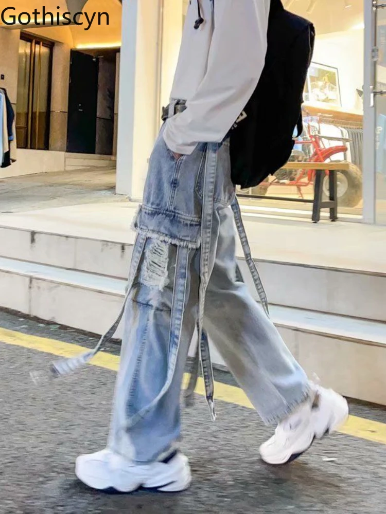 

Gothiscyn Men Jeans Blue Washed Baggy Wide Leg Pants Hip Hop Cargo Pants Men Streetwear Goth Punk Casual Mens Clothing Bottoms