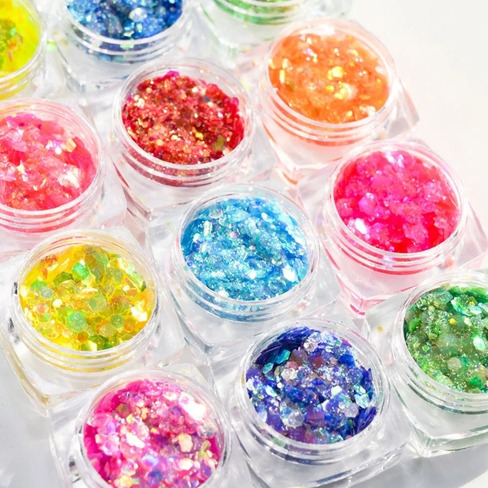 

12 Colors Gradient Mermaid Nail Glitter Sequins Set Holographic Mixed-Size Glitter Hexagon Sequins Shimmer Nail Sequins Powder
