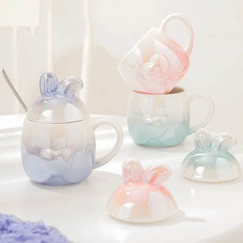 

300 мл кружка с милым Кроликом, милая мультяшная керамическая кружка с крышкой, чашки для кофе, молока, чая, посуда для напитков, подарки для де...