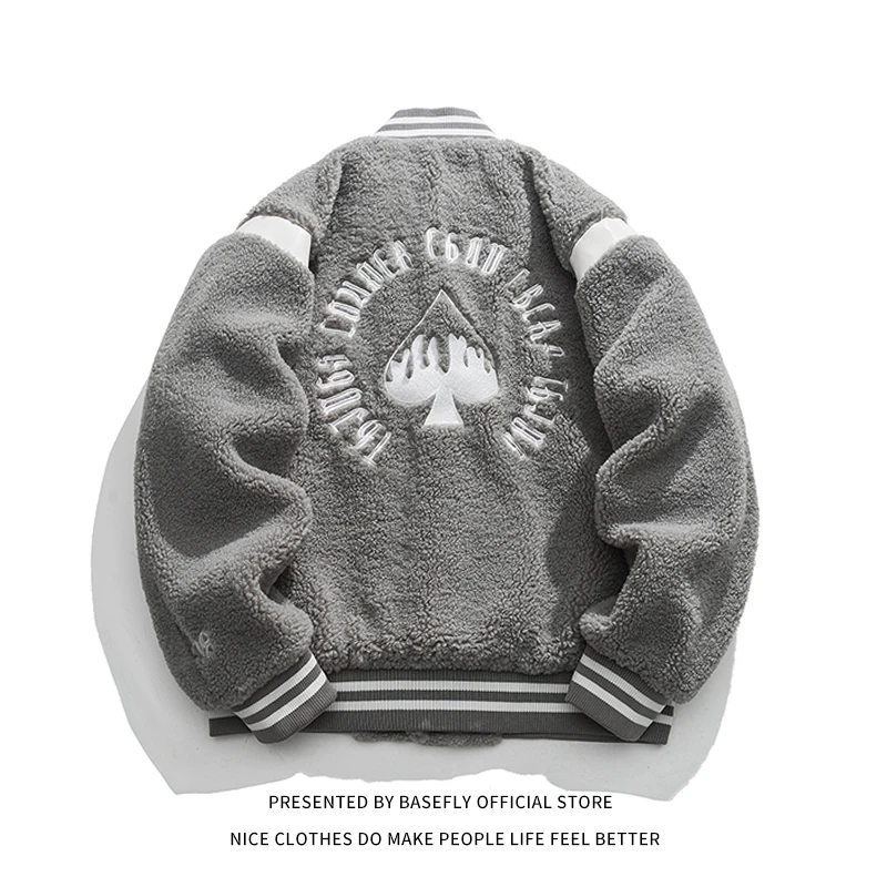 

Autumn Winter Poker Card Spade Embroid Lambswool Sheep Fur Like Men Thick Warm Varsity Jacket Unisex Women Baseball Bomber Coat
