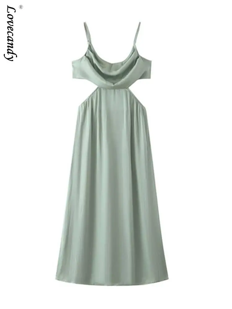 

Female Spaghetti Strap Hollow Dresses Women Fashion Solid Backless Sleeveless Dress 2023 Summer Lady Elegant Sexy Vestidos