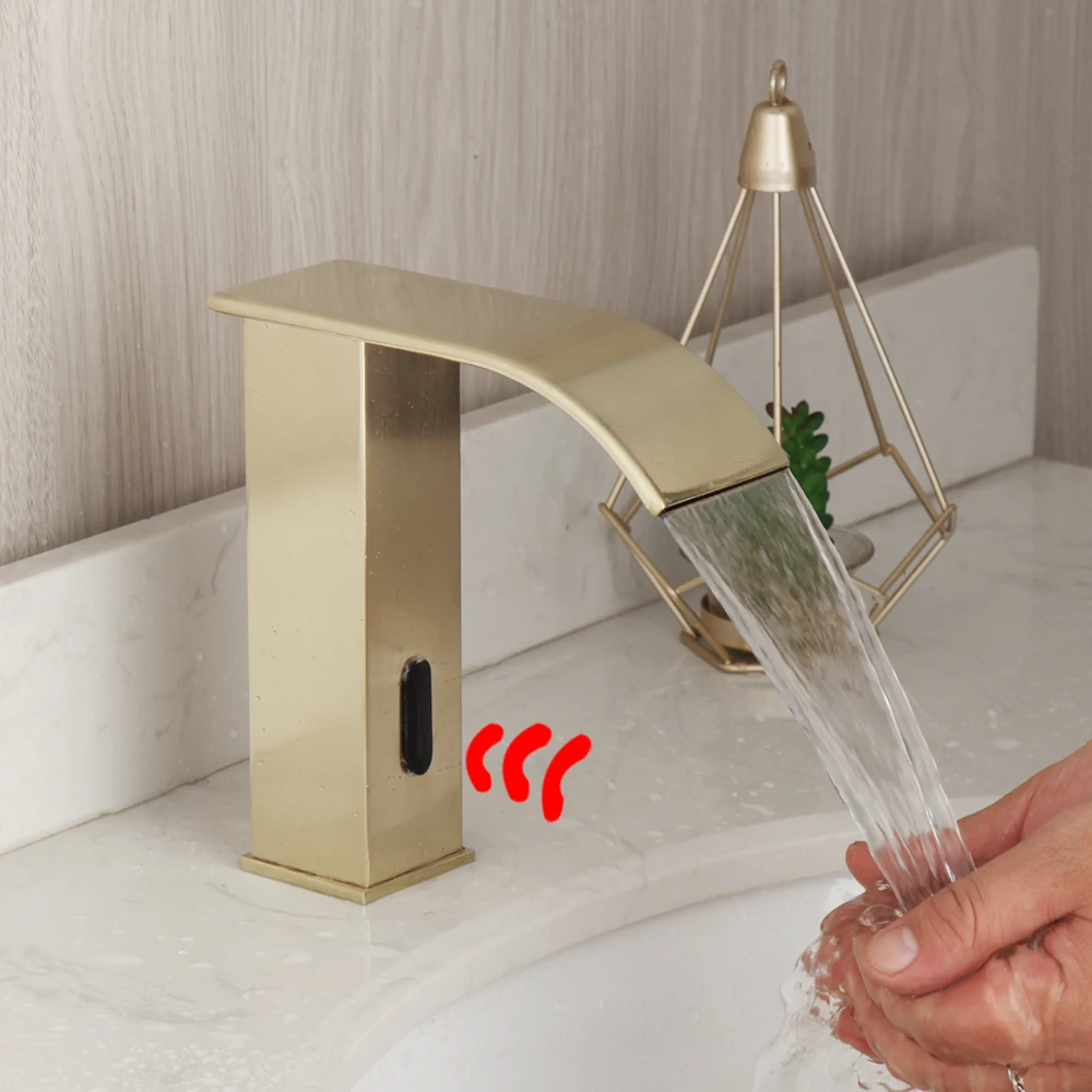 

YANKSMART Golden Nickel Bathroom Faucet Basin Sink Deck Mounted Free Touch Automatic Inflated Sensor Faucet Washbasin Water Tap