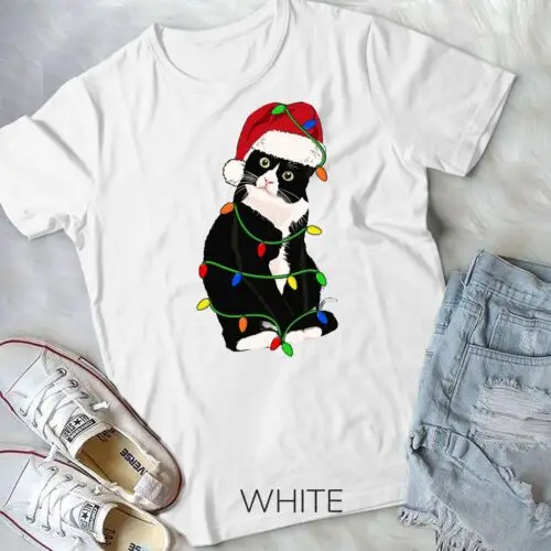 Смокинг кот мяу Санта смокинг Рождественская елка огни кошка футболка унисекс