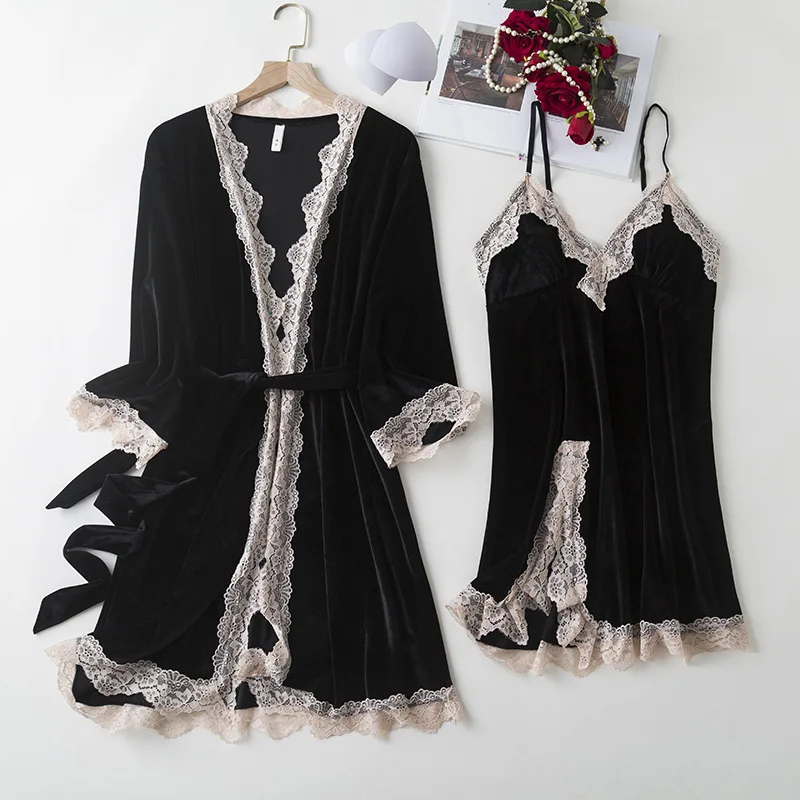 

Sexy Patchwork Lace Trim Kimono Bathrobe Gown New Velvet Female Twinset Robe Set Sleepwear Autumn Velour Nightwear Home Dress