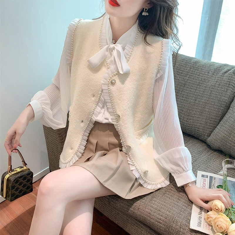 2022 autumn mesh stitching fungus edge single-breasted jacket womens new western style wild beaded loose vest tide