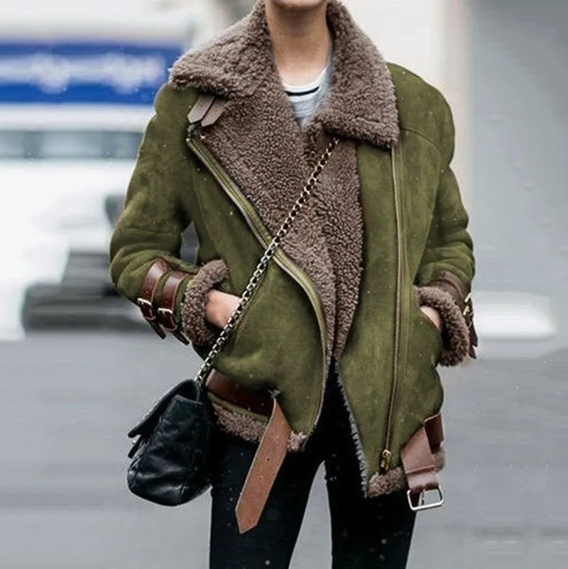 

Новая модная женская осенне-зимняя мотоциклетная куртка из овечьей шерсти, женское меховое пальто с лацканами, зимняя куртка
