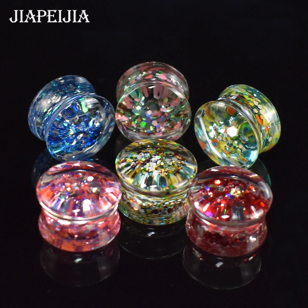 

6-40mm Multicolor Paillette Ear Tunnels Plugs Stretchers Expander AcrylicEar Gauges Double Flared Flesh Tunnels Ear Piercing Jew