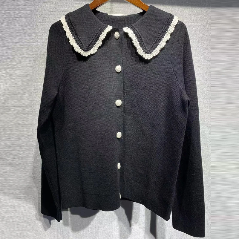Elegant Peter Pan Collar Black Cardigan Sweaters for Women Casual Long Sleeve Autumn Outwear 2022 Vintage Slim Cardigans Coat