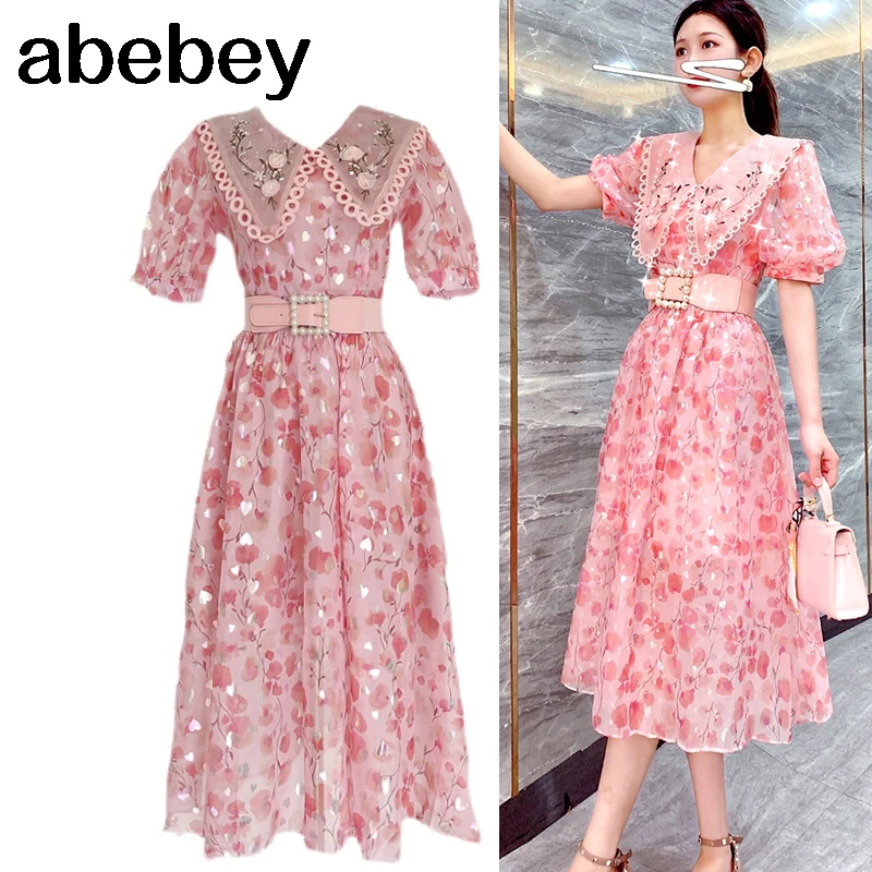 

Летние Модные Винтажные элегантные розовые трапециевидные вечерние платья миди принцессы с поясом повседневные милые платья для девушек