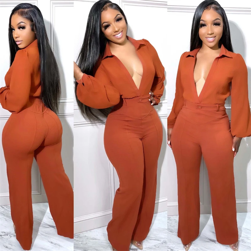 

Sunny Elegant Sexy Two Piece Set Women Solid Deep V Neck Lantern Long Sleeve Shirt Top Button Fly Wide Leg Pants Casual Suits
