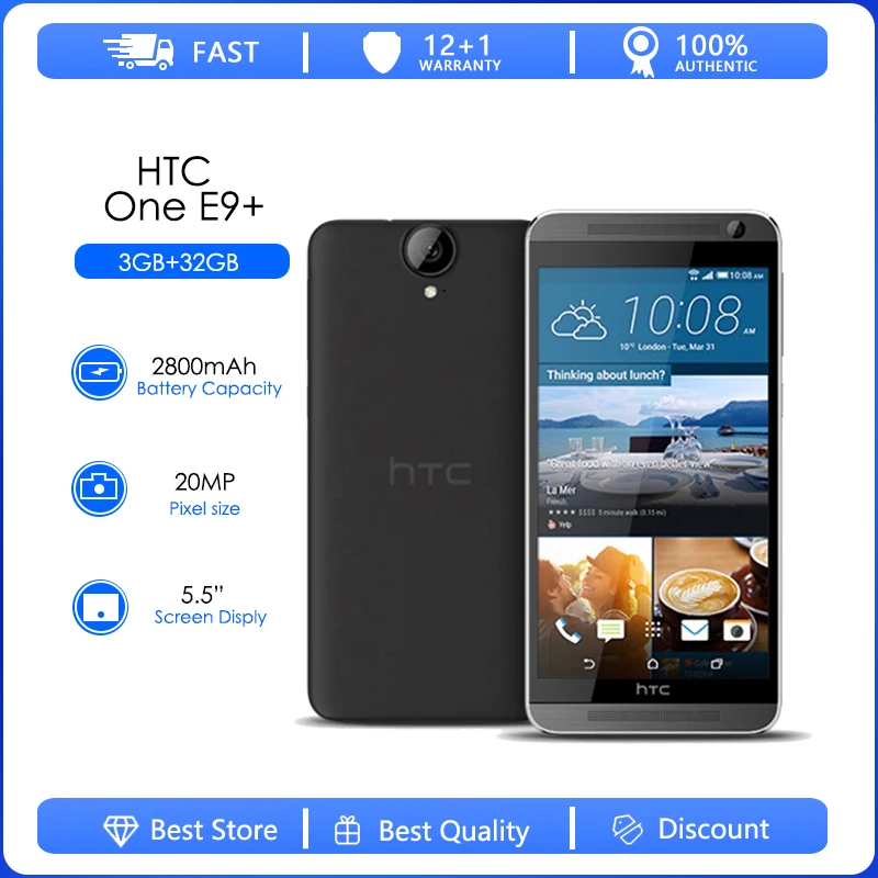 HTC One E9+ Refurbished-Original E9 Plus Octa-core 5.5 Inch 	32GB 3GB RA 20.0MP LTE 4G LED flash NFC FDD Dual SIM Original Phone