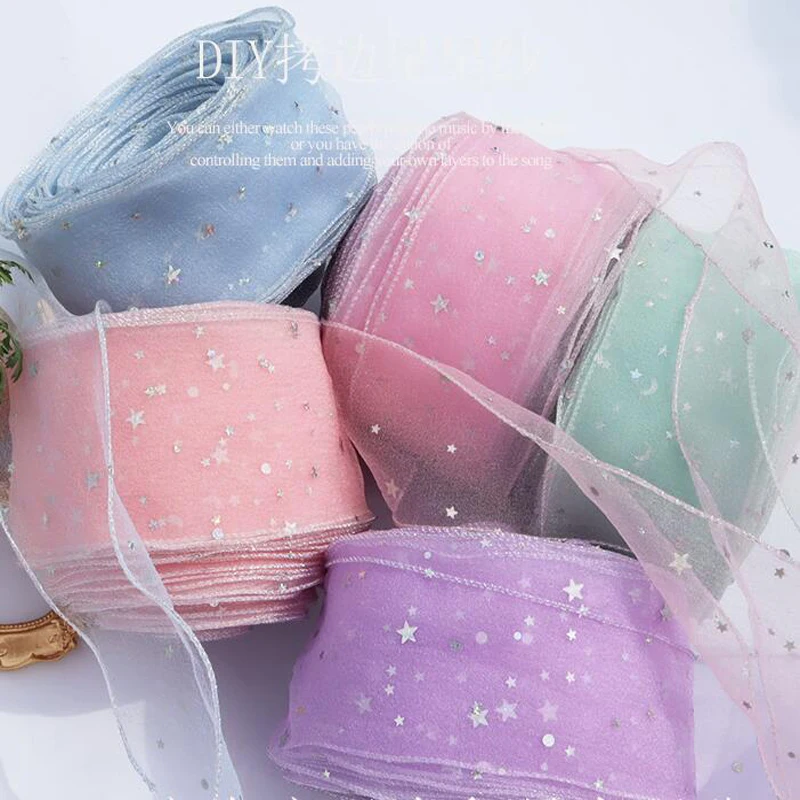 

10 Yards 55MM/75MM Silver Edge Dots Five-pointed Star Yarn Ribbon DIY For Bows Hair Accessories Material Gift Packing Party Dec