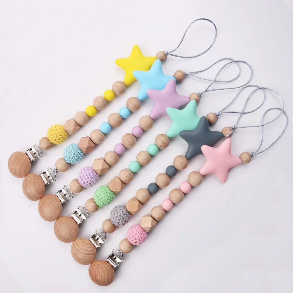 

New Baby Pacifier Clips Chain Eco-friendly Newborn Baby Teething Clip Food Grade Silicone Star Feeding Pacifier Chain with Clips
