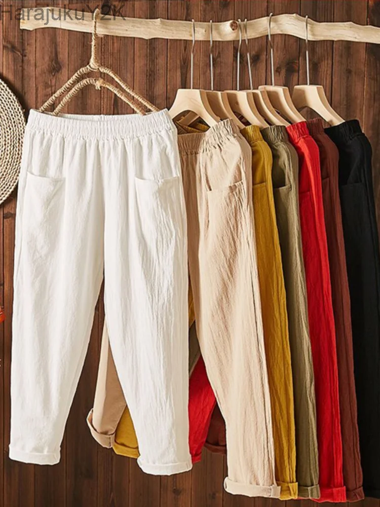 

Брюки женские до щиколотки, тонкие хлопковые прямые штаны свободного покроя в Корейском стиле, с завышенной талией, одежда в стиле Харун, на лето