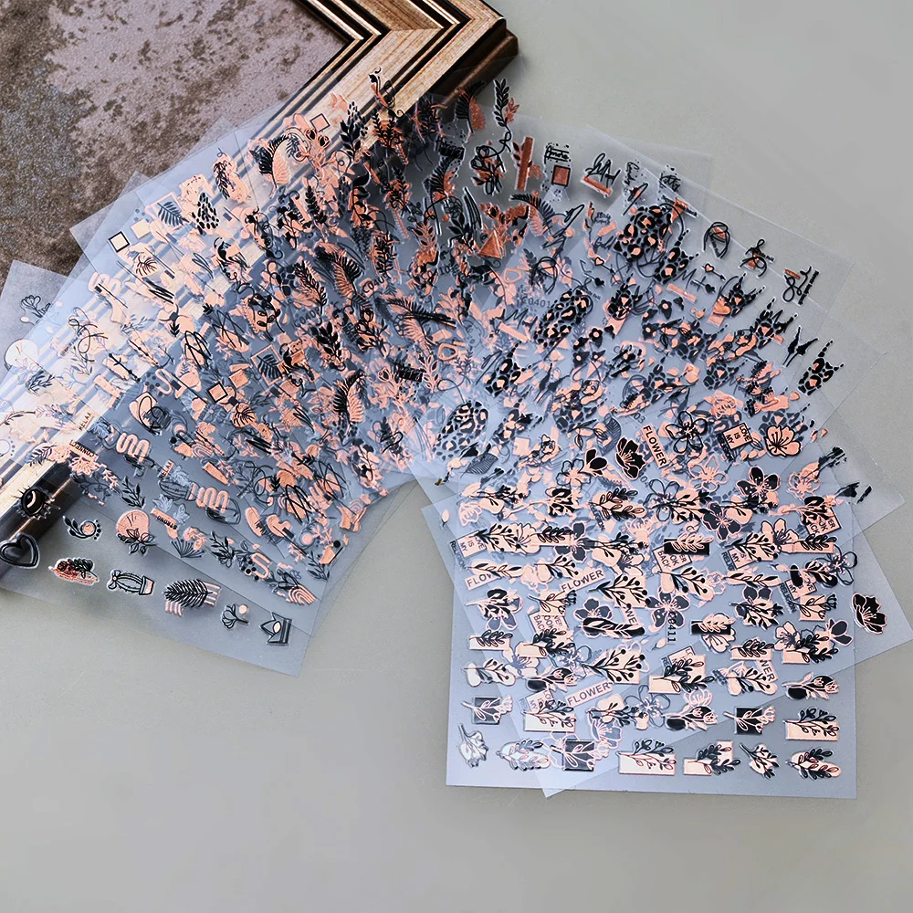 

3D Bronzing Rose Gold Abstract Line Nail Stickers 8*10cm Holographic Rose Gold Flowers/Leaves Nail Decal Chic Laser Nail Slider