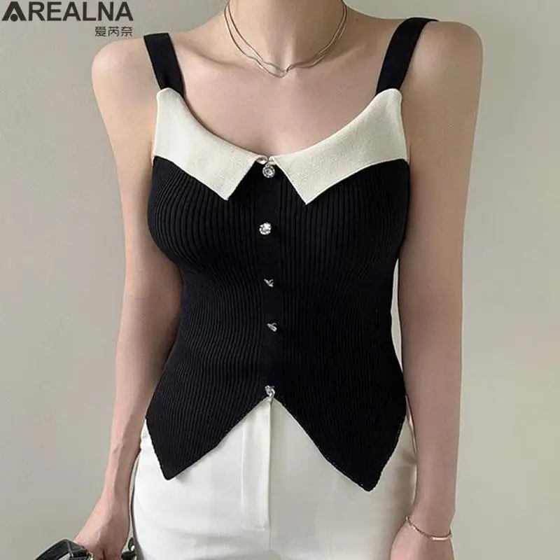 

Women Summer Elastic Tank Top Crop Camisole Sleeveless square neck T Shirt Vest Split Knitted Camis Female Vest Tops White Black