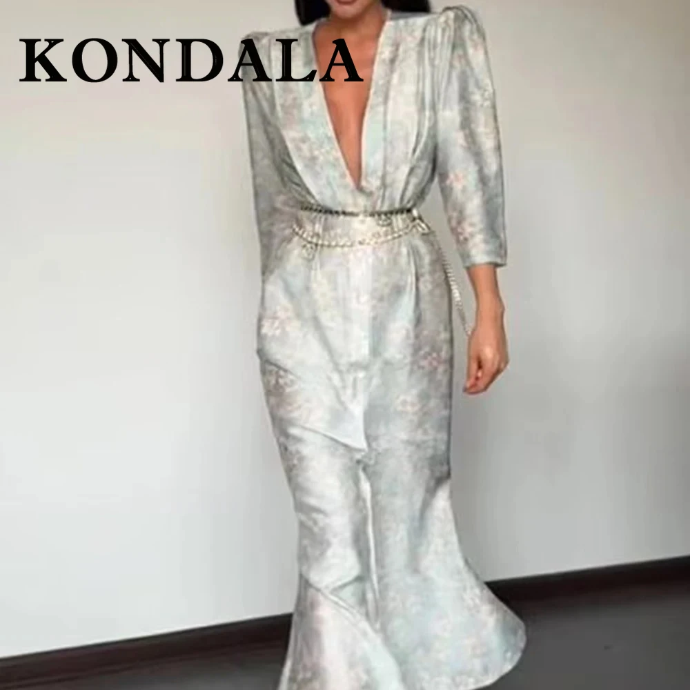 Фото KONDALA шикарные женские платья с цветочным принтом и бусинами, элегантное свадебное платье с v-образным вырезом для гостей, модное вечернее платье 2025 года, женские платья с пышными рукавами №3