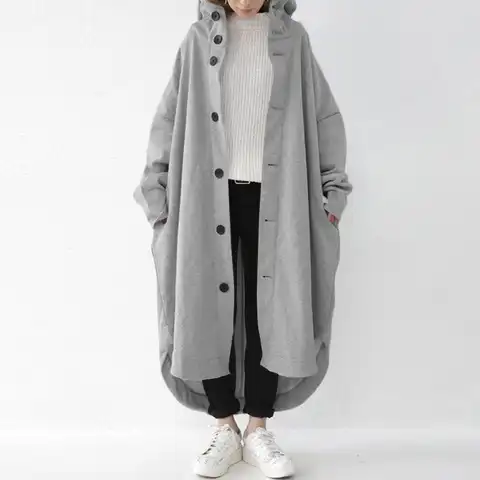 Casual Women Hooded Hoodies Solid Color Spring Autumn Long Sleeve Buttons Pocket Loose Irregular Hem Elegant Long Coats Tops