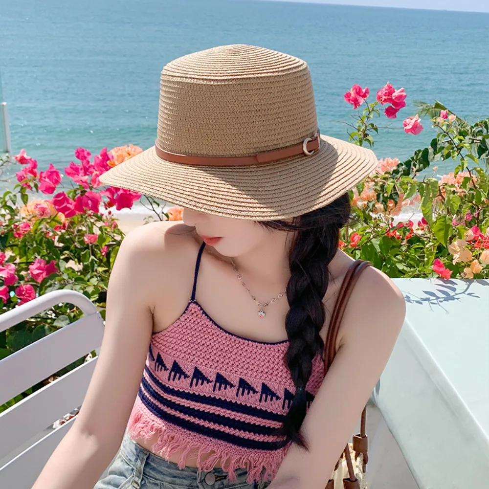 

Солнцезащитный козырек для женщин, пляжная шляпа с широкими полями и пряжкой на ремне, Женская шляпа от солнца, соломенная шляпа, Панама