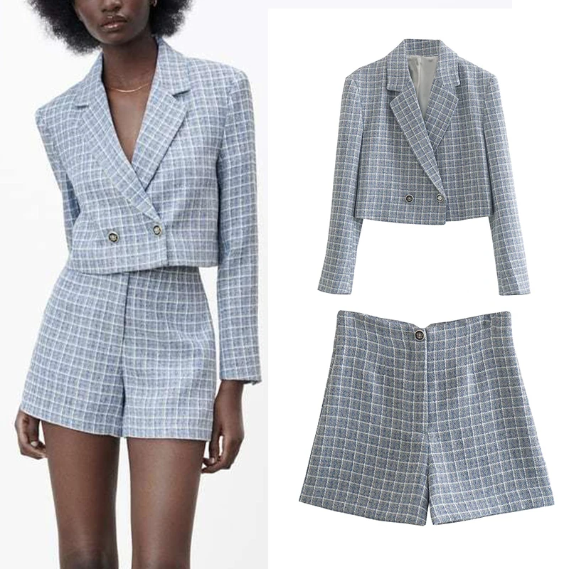 

Весна 2022, женские комплекты, классические длинные костюмы в клетку с принтом, укороченный пиджак, костюмы с завышенной талией, повседневные ...