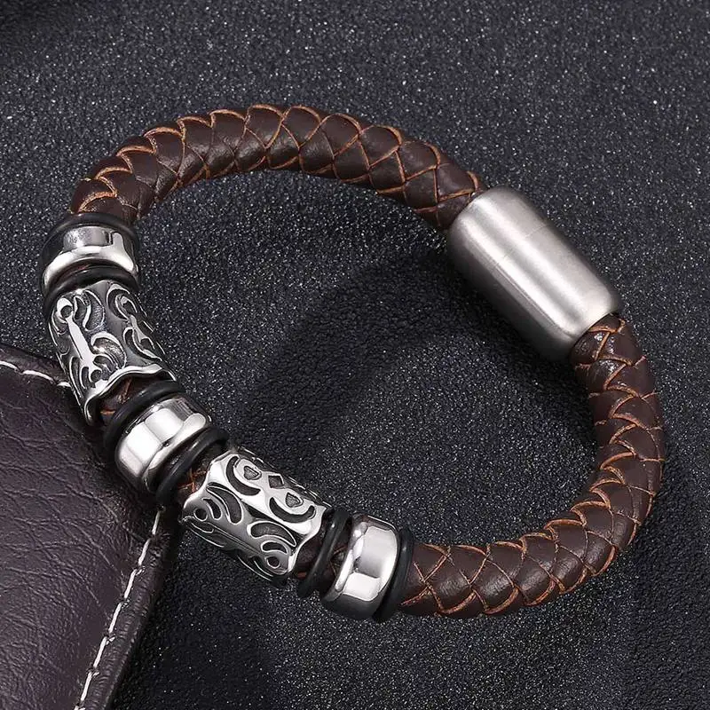 

Brown Men Bracelet Braided Genuine Leather Bangle Retro Cuff Bracelet Wristband Male Boys Party Jewelry Accessories Gifts FR0160