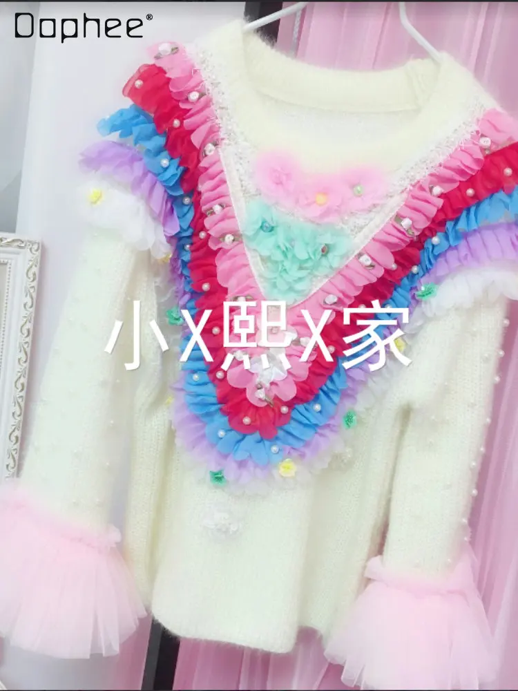 

Winter Women's Jersey 2022 New Princess Woman's Long Sleeve Handmade Crochet Flower Cherry Sweaters Fashion All-Match Wool Coat