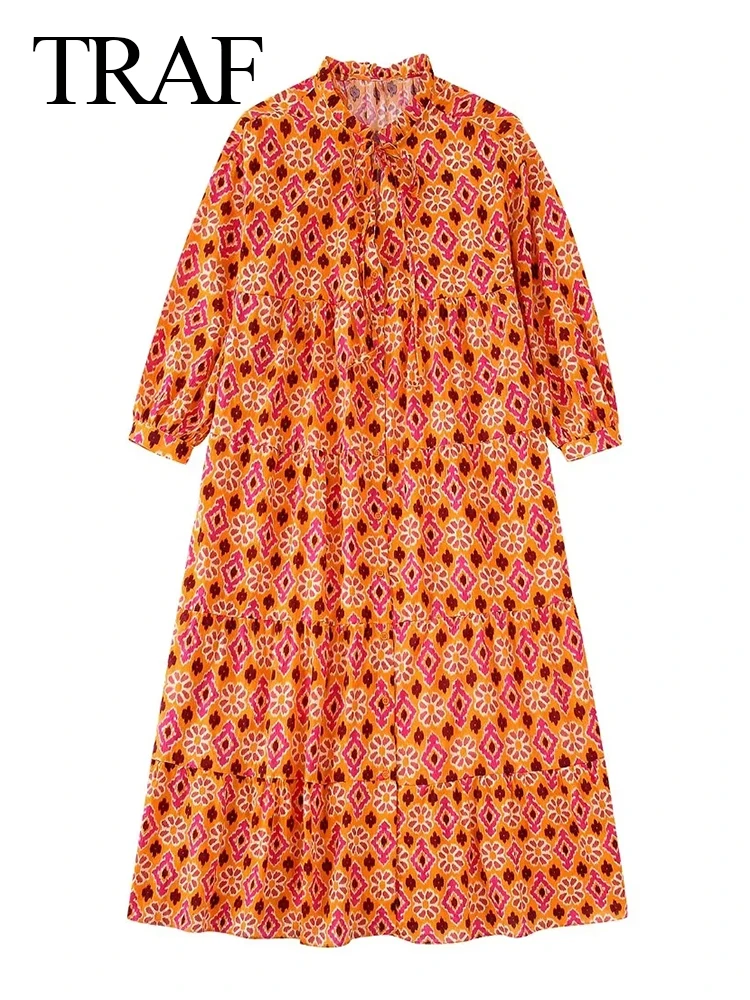 

TRAF Vintage Print Lace-Up Single Breasted Dress Loose Casual New Fashion Comfortable Versatile Everyday Women's Long Dress