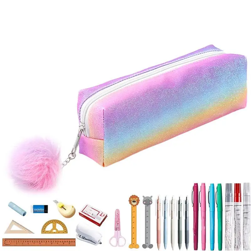 Case Rainbow Pen Bag With Cute Fuzzy Ball School Supplies Pencil Pouch For Marker Pens Rollerball Pens Gel Pens
