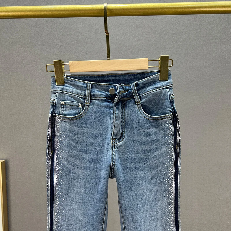 Rhinestone Jeans Women's Fashion Spring Clothing 2022 New Elastic High Waist Slim Bell-Bottom Pants Girls Lady Skinny Jeans