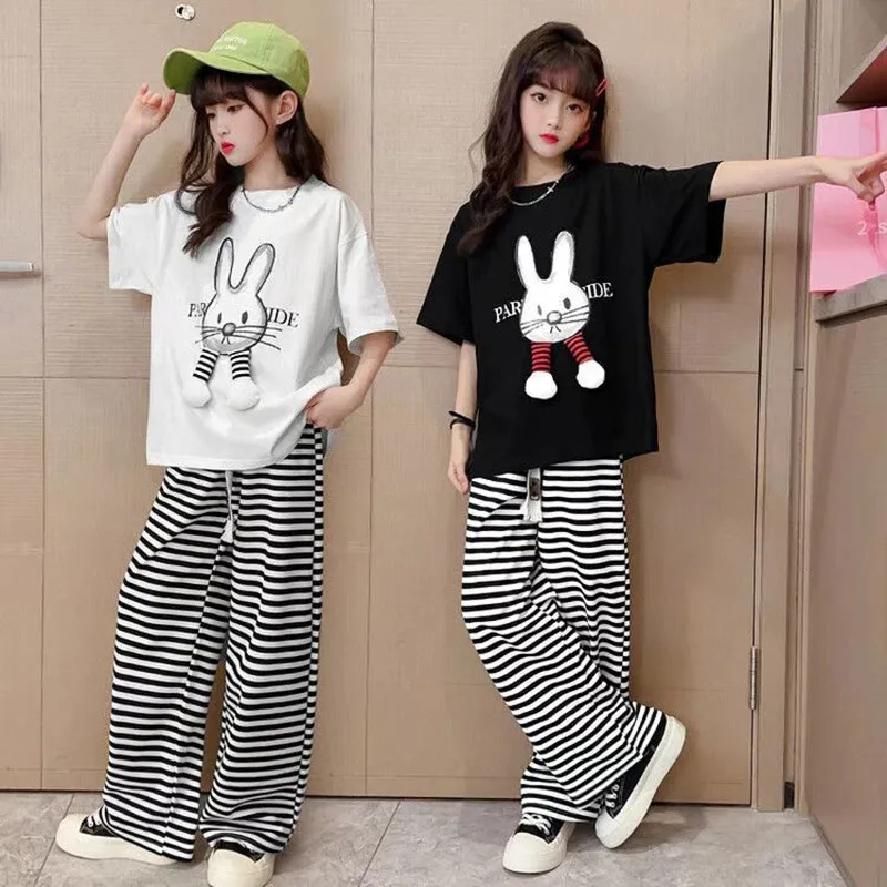 

2PCS 2023 Summer teens Girls Clothes Sets Outfits Kids crop top T-shirt + Stripe Pants jeans Child tracksuit 6 8 10 12 14 Year