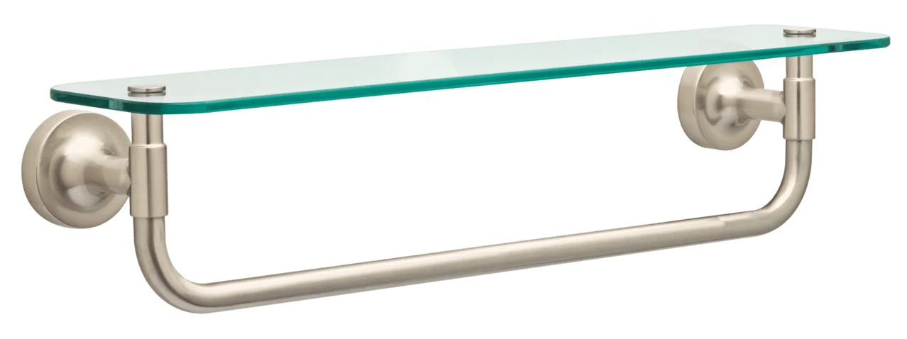 

Элегантная стеклянная полка 18 дюймов с держателем для полотенец с атласной никелевой отделкой, идеально подходит для хранения в ванной.