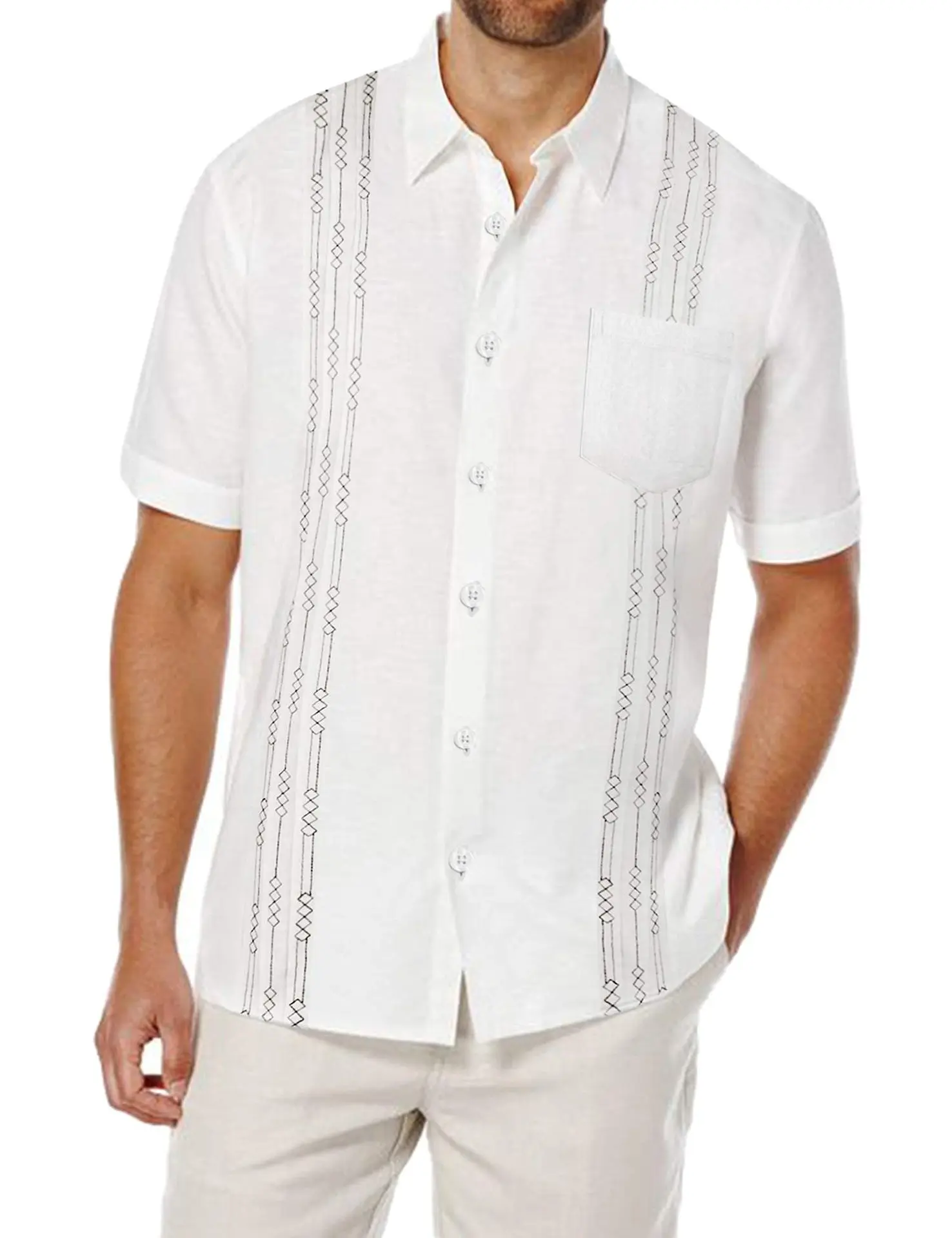 Hot Sale High Quaility Men's Short Sleeved Linen Shirt Cuban Beach Top Pocket Guayabella Shirt Men Top